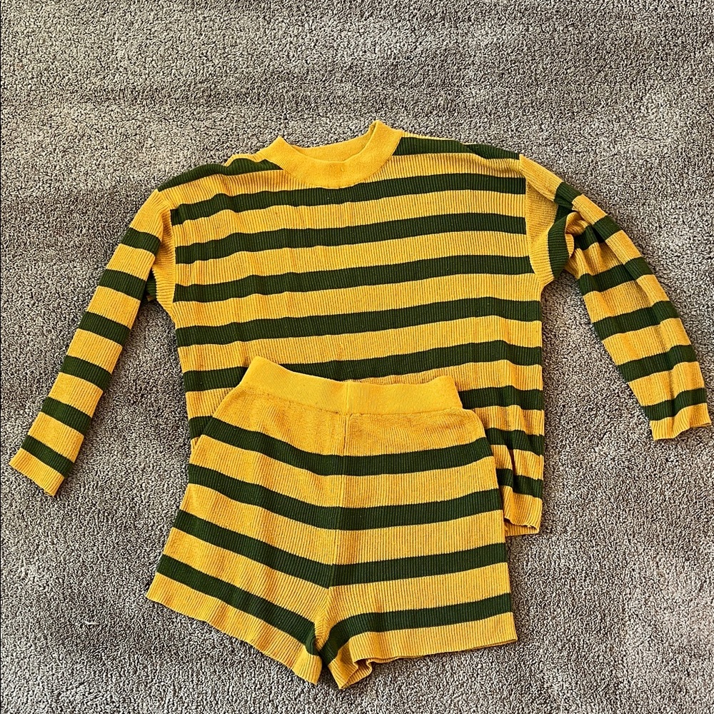 Yellow & Dark Green Striped Knit Top and Shorts Set